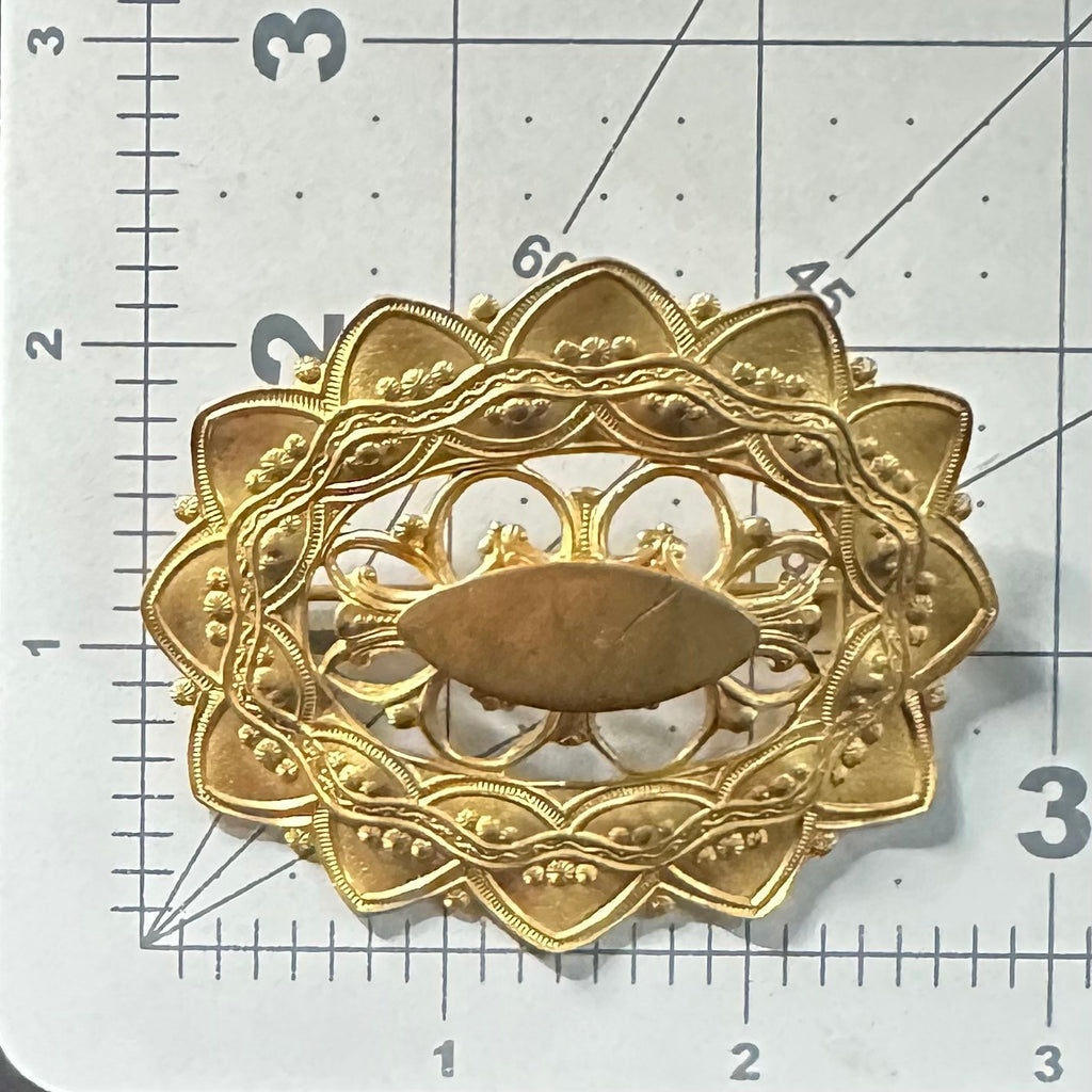 Antique 1900s Arts & Crafts gold gilt brass oval sunburst sash pin brooch