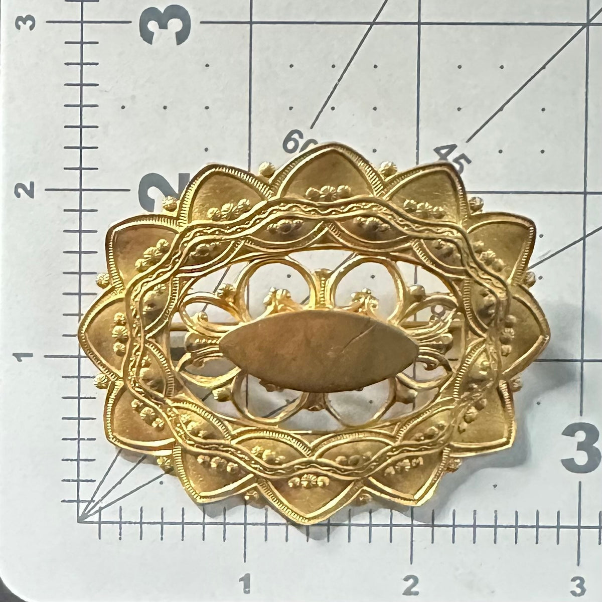 Antique 1900s Arts & Crafts gold gilt brass oval sunburst sash pin brooch