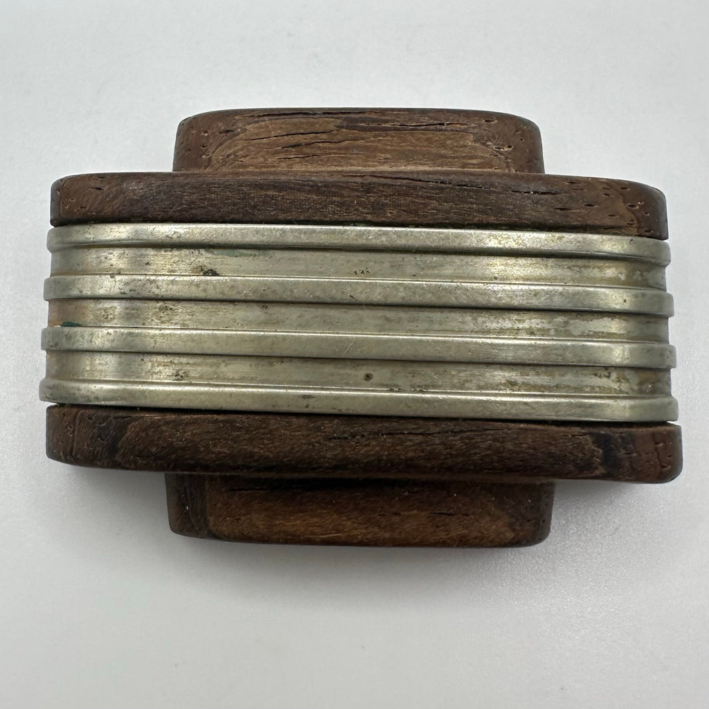 Antique Art Deco 1930s polished brown woodgrain wood silver tone brooch