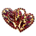Vintage gold tone red faceted glass rhinestones double heart brooch