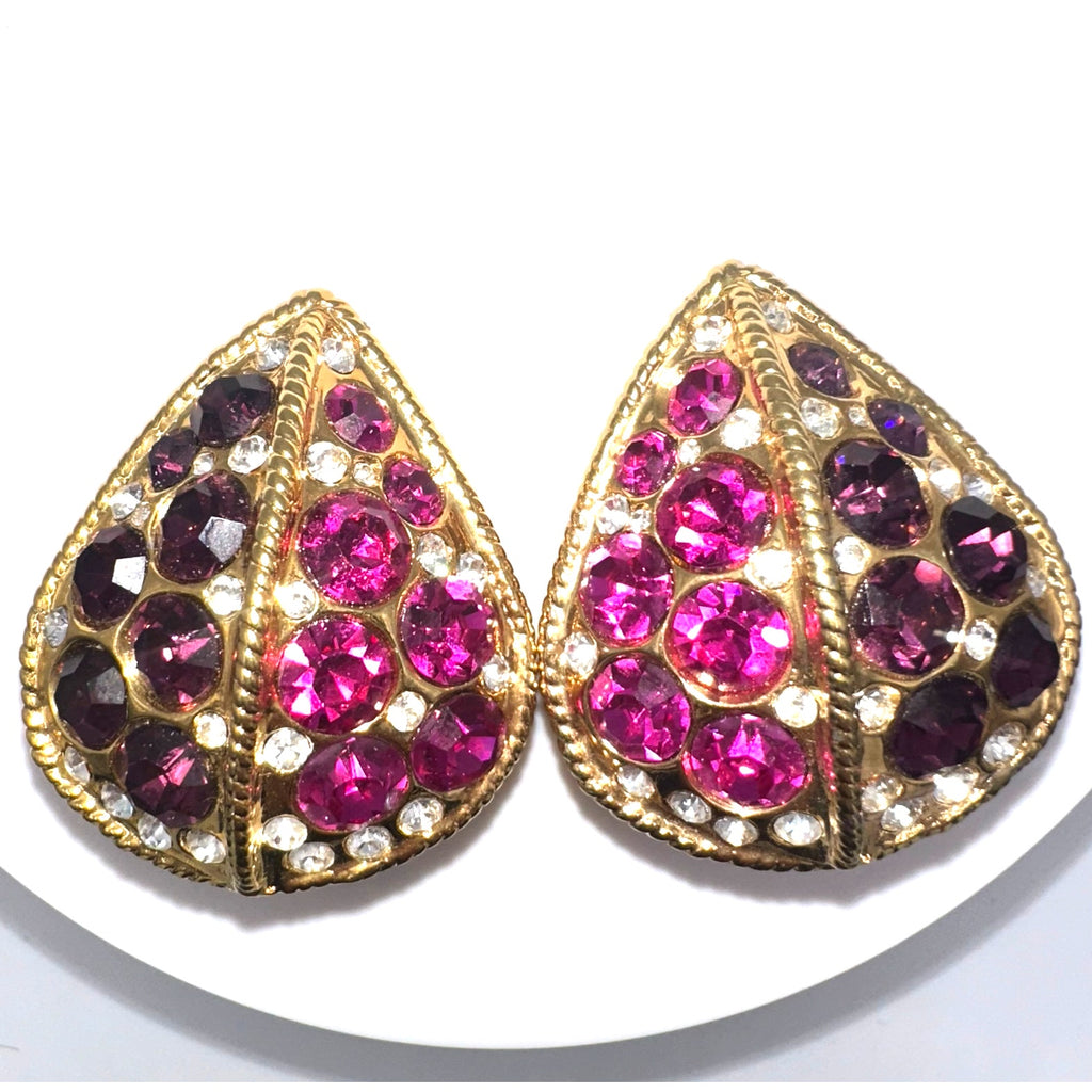 1980s vintage large gold tone pink purple clear rhinestones clip on earrings
