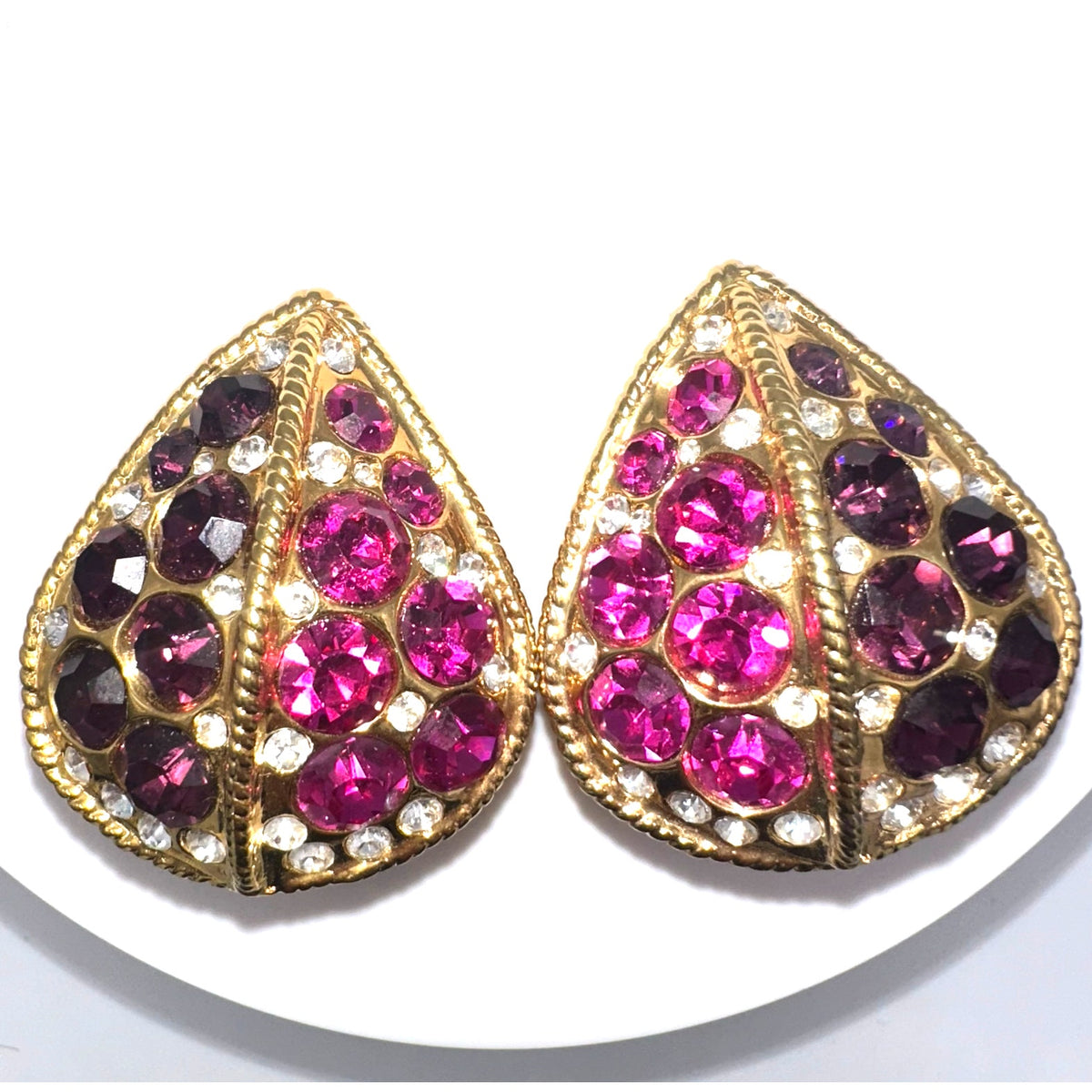 1980s vintage large gold tone pink purple clear rhinestones clip on earrings