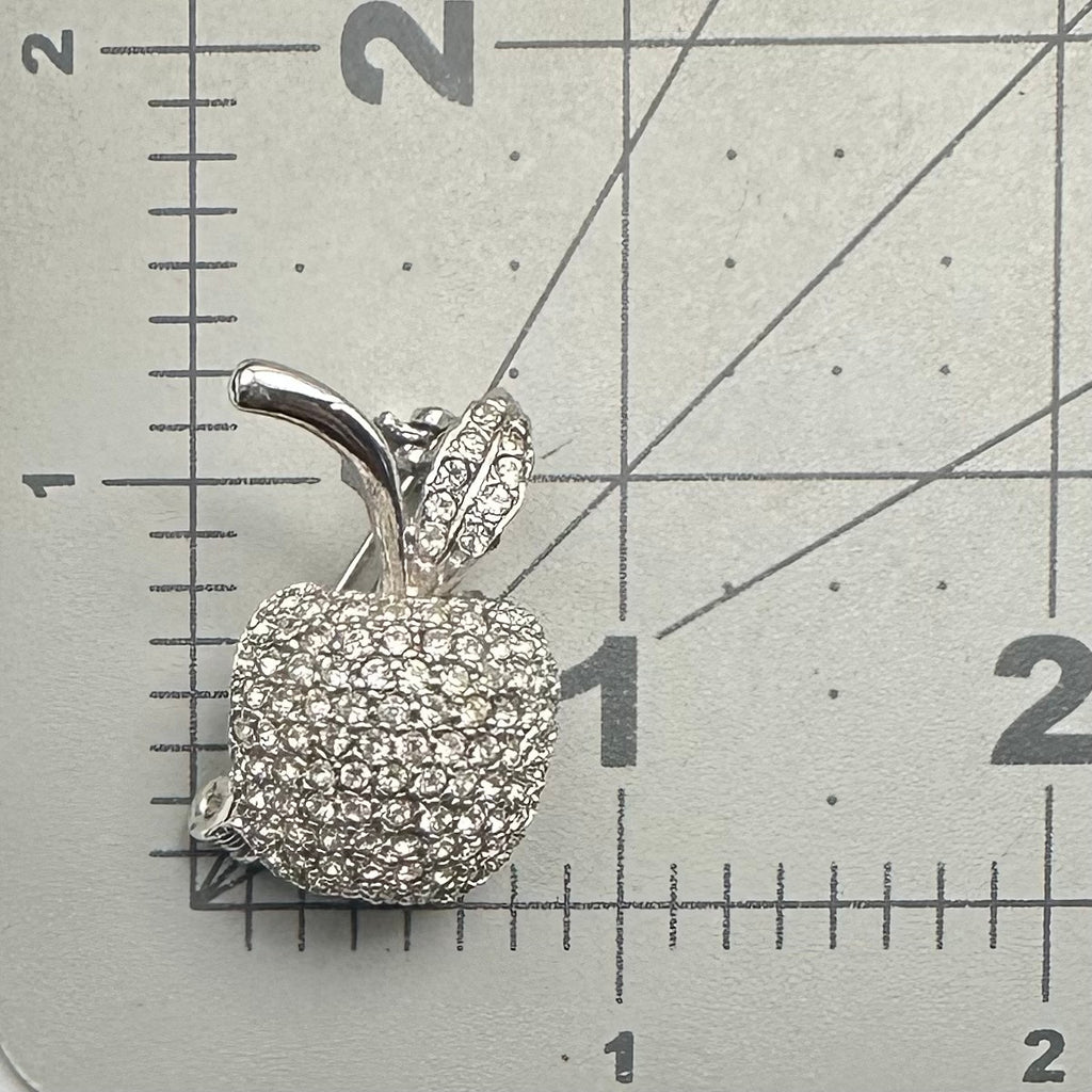 Nadri signed silver tone clear pavé glass rhinestones apple brooch pin