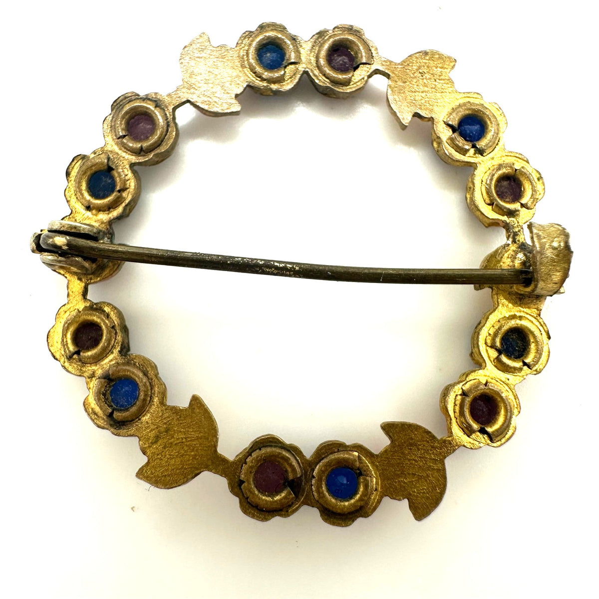 Antique gold tone blue purple Czech glass rhinestones enamel wreath brooch