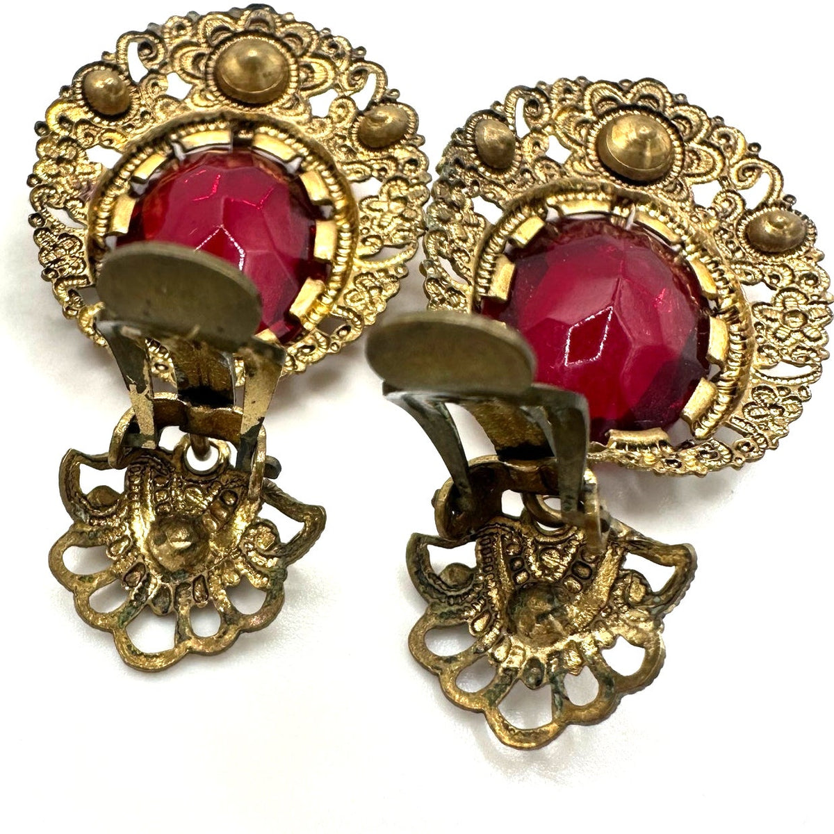 West Germany vintage gold tone red pink rhinestones brooch clip on earrings set