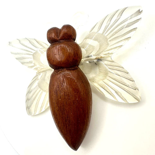 1940s retro vintage clear carved lucite brown wood large butterfly figure brooch