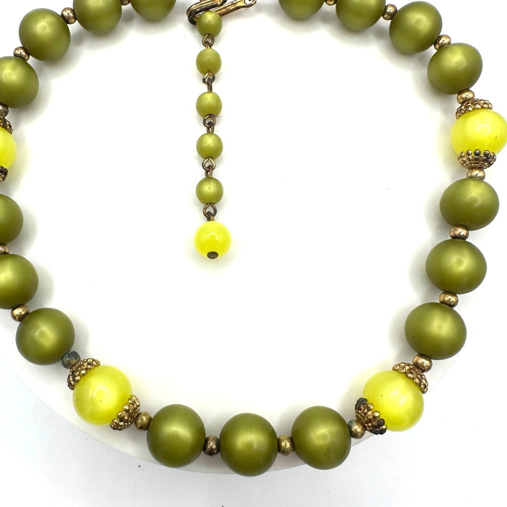 Vintage gold tone olive green neon yellow moonglow lucite beaded necklace