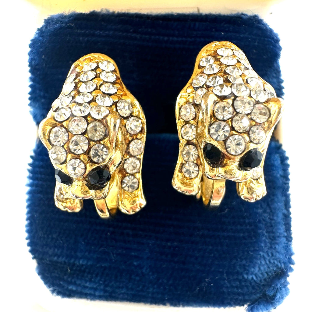 AD signed vintage gold tone clear black rhinestones big cat clip on earrings