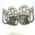 Vintage silver tone clear rhinestones swag chains fringe clip on earrings