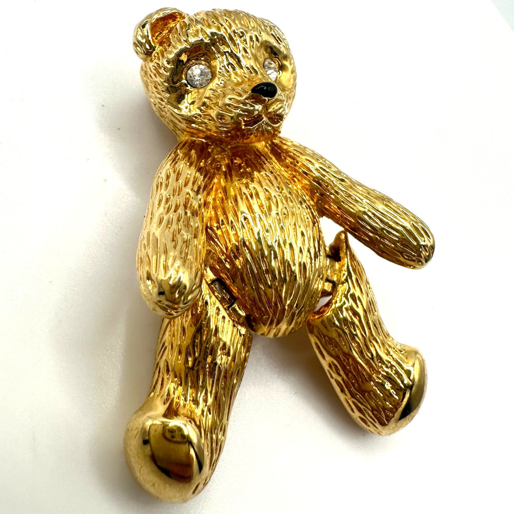 Butler vintage gold tone clear rhinestones articulated teddy bear figural brooch