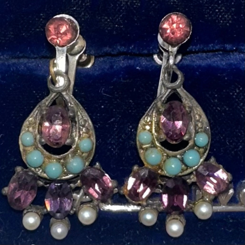 Vintage silver tone purple rhinestones faux turquoise pearls screw back earrings