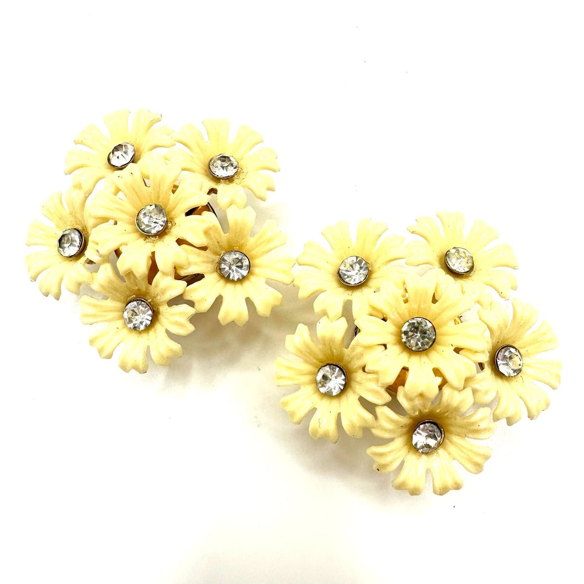 Coro Magic vintage magnetic celluloid flowers rhinestone earrings brooches