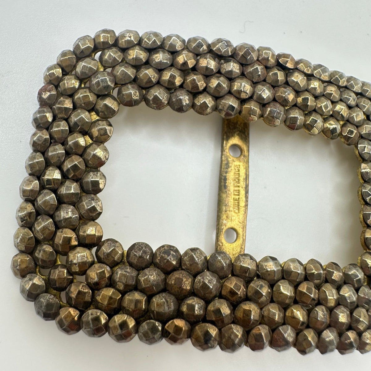 Made in France antique gold silver tone faceted cut steel slider belt buckle