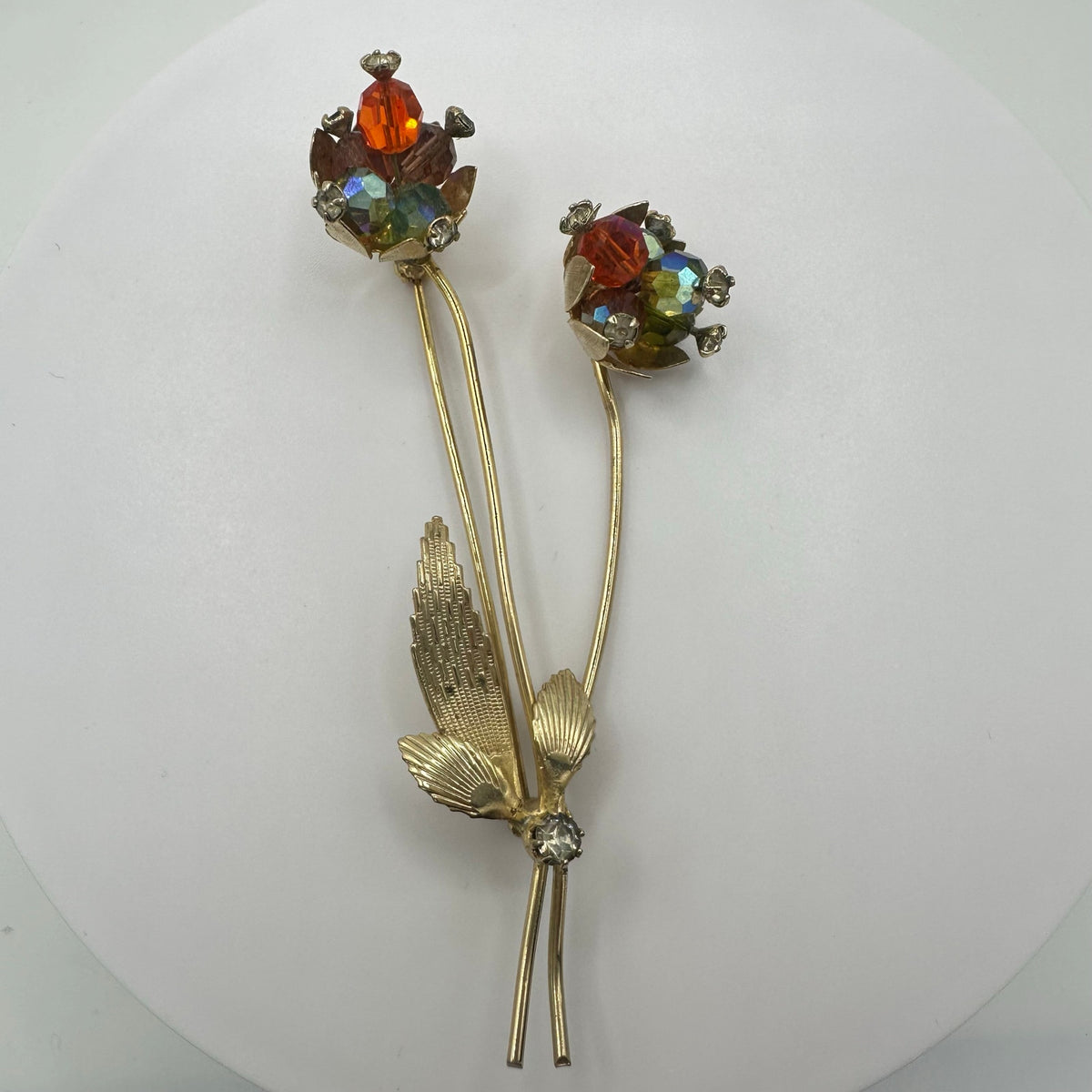 Vintage gold tone multicolor aurora borealis glass beaded flowers brooch pin