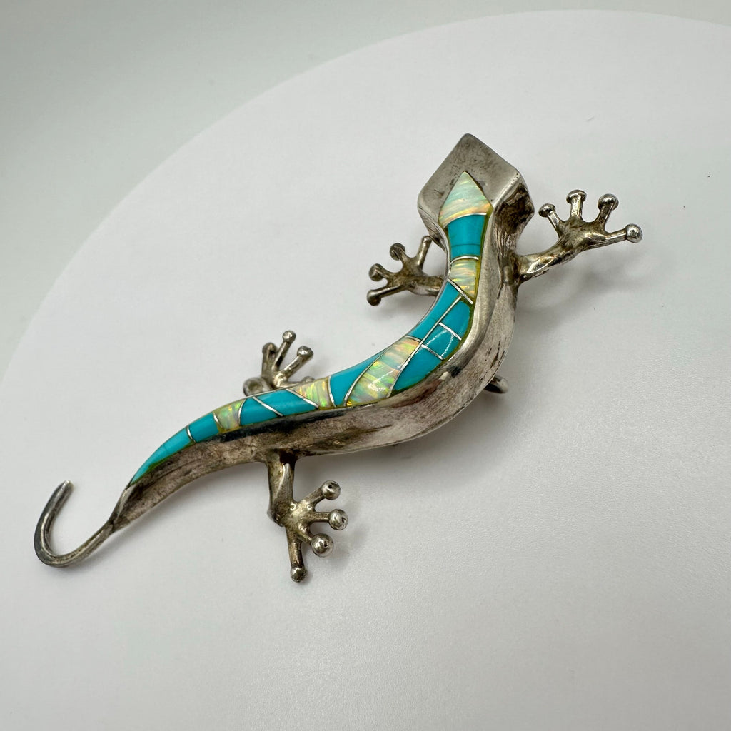 Native American sterling silver fire opal turquoise inlay lizard brooch pendant