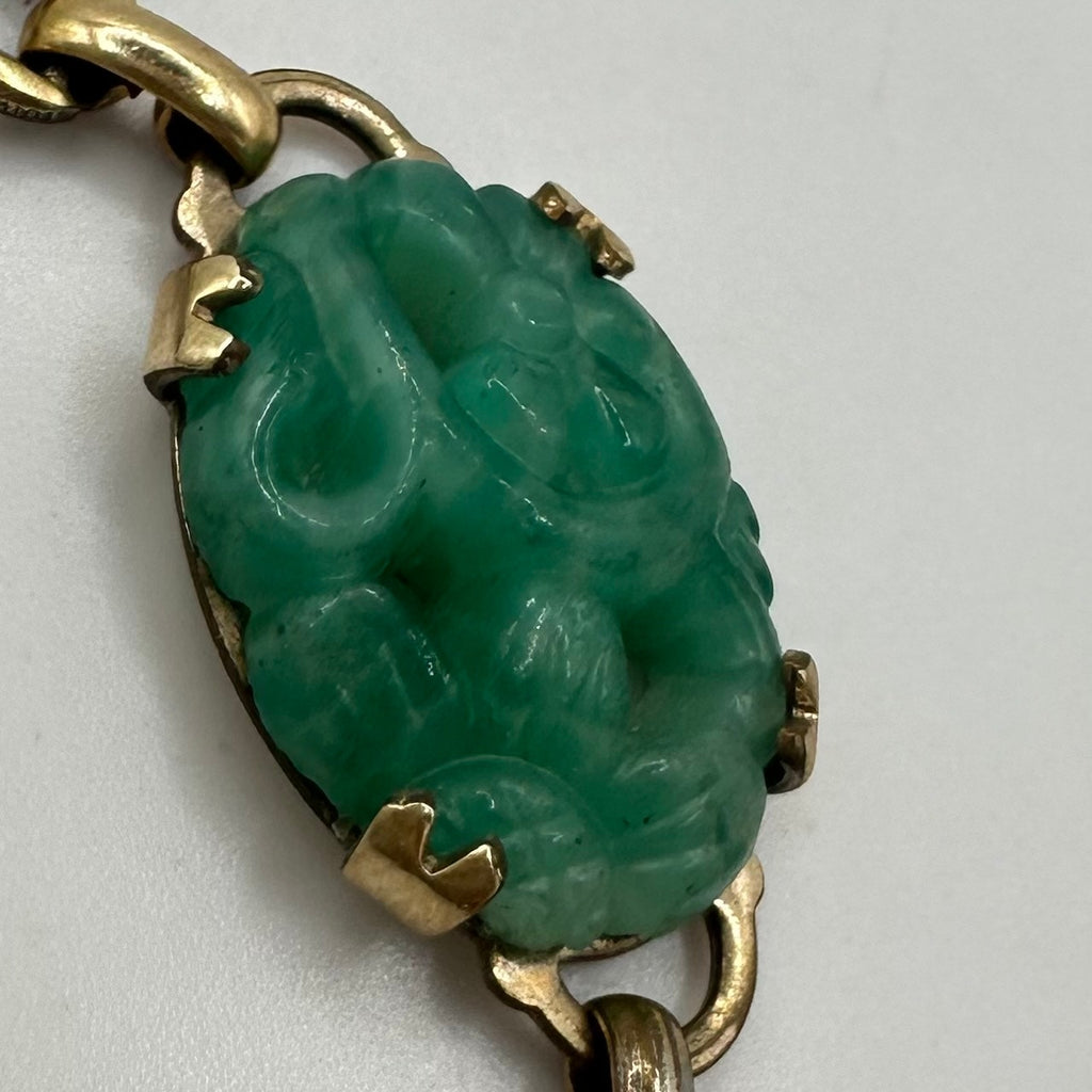 Vintage 12kt gold filled green molded swirled Peking art glass bracelet