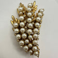 BSK vintage gold tone clear rhinestones faux white pearls beaded leaves brooch