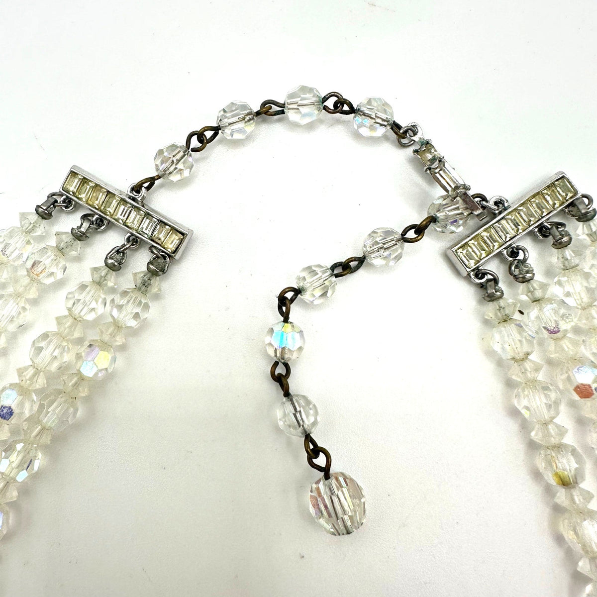 Vintage 4 strand clear AB aurora borealis glass beaded graduated necklace