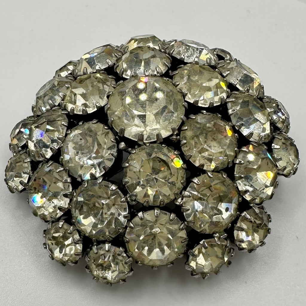 1950s vintage silver tone clear rhinestones sawtooth prong round domed 3D brooch