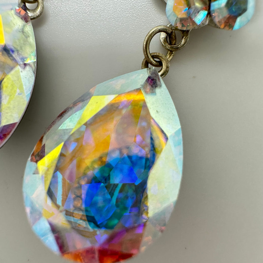 Vintage gold tone AB aurora borealis glass beads beaded cluster clip on earrings