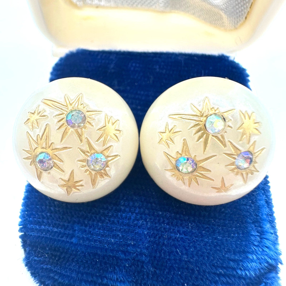 Vintage gold tone AB rhinestones domed cream lucite post earrings