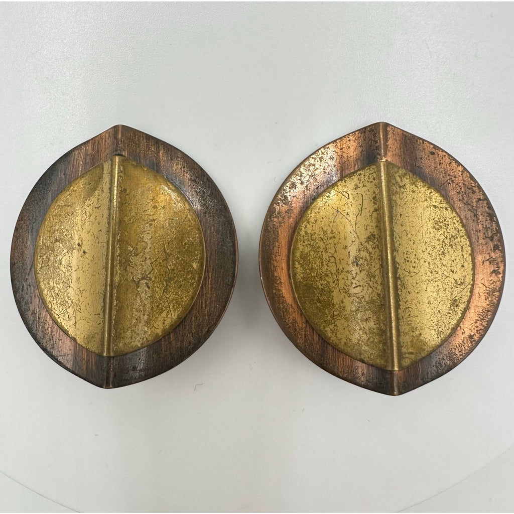 Vintage 1940s modernist solid copper brass round bent discs clip on earrings