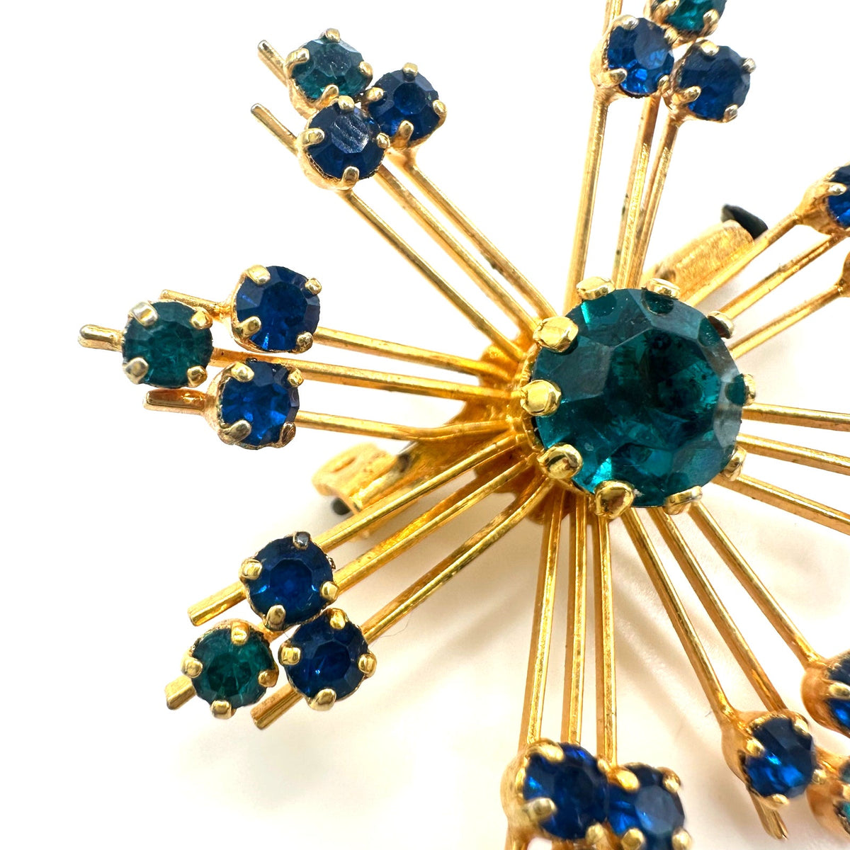 Vintage 1950s gold tone blue teal rhinestones starburst Sputnik brooch