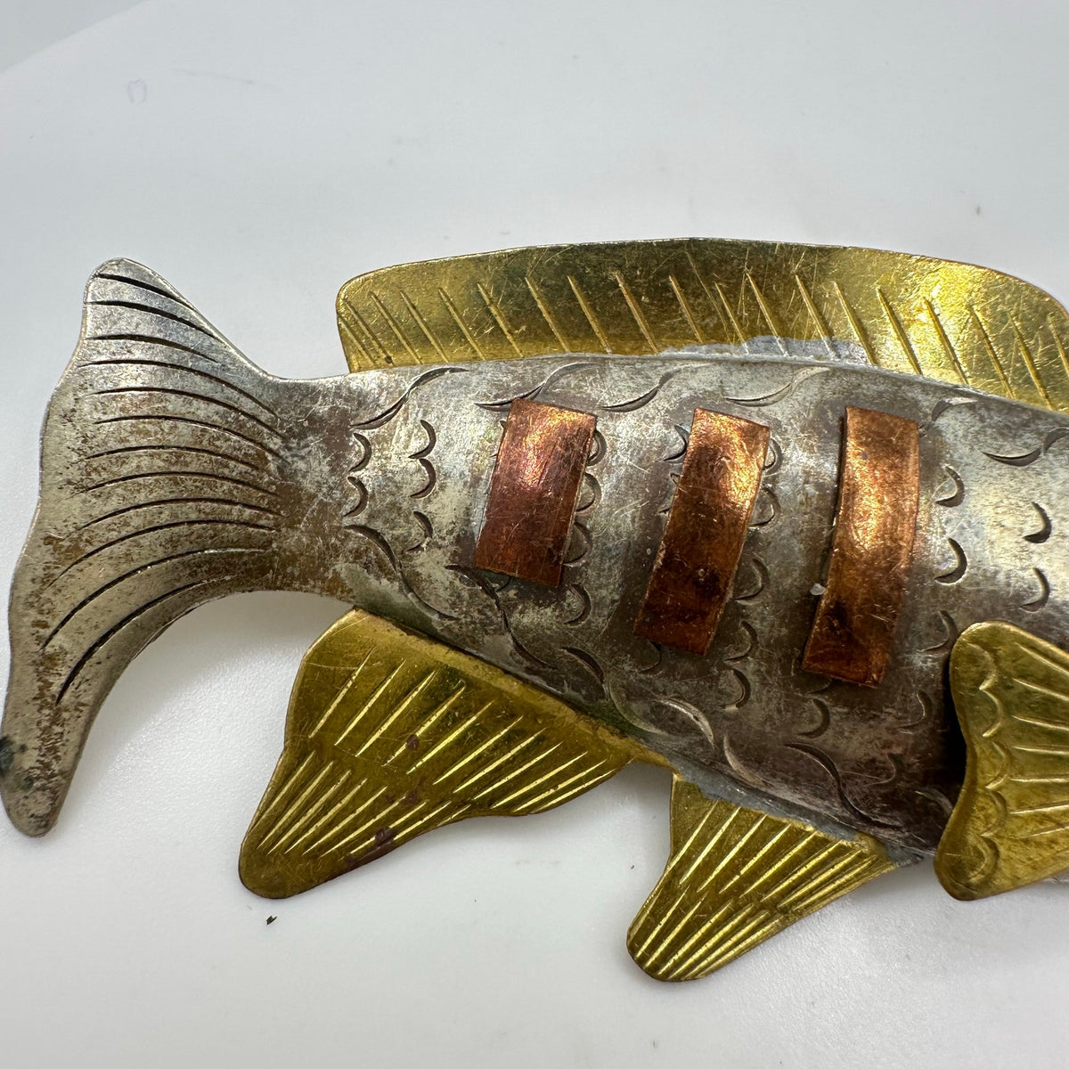 Vintage copper brass gold silver tone handmade modernist fish figural brooch