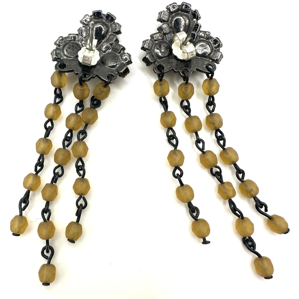Vintage silver pewter tone topaz rhinestones beaded fringe drop post earrings