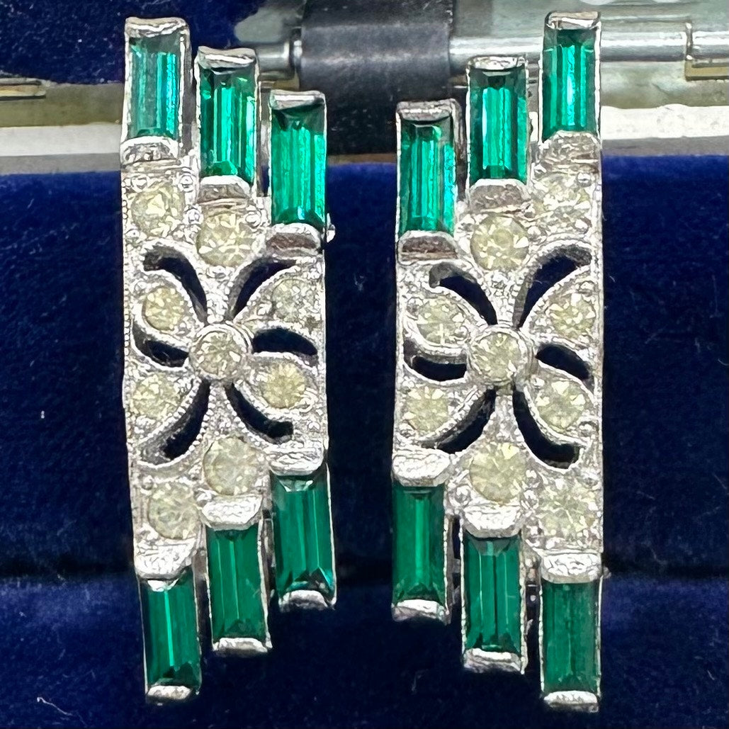 Panetta vintage silver tone clear emerald green rhinestones clip on earrings