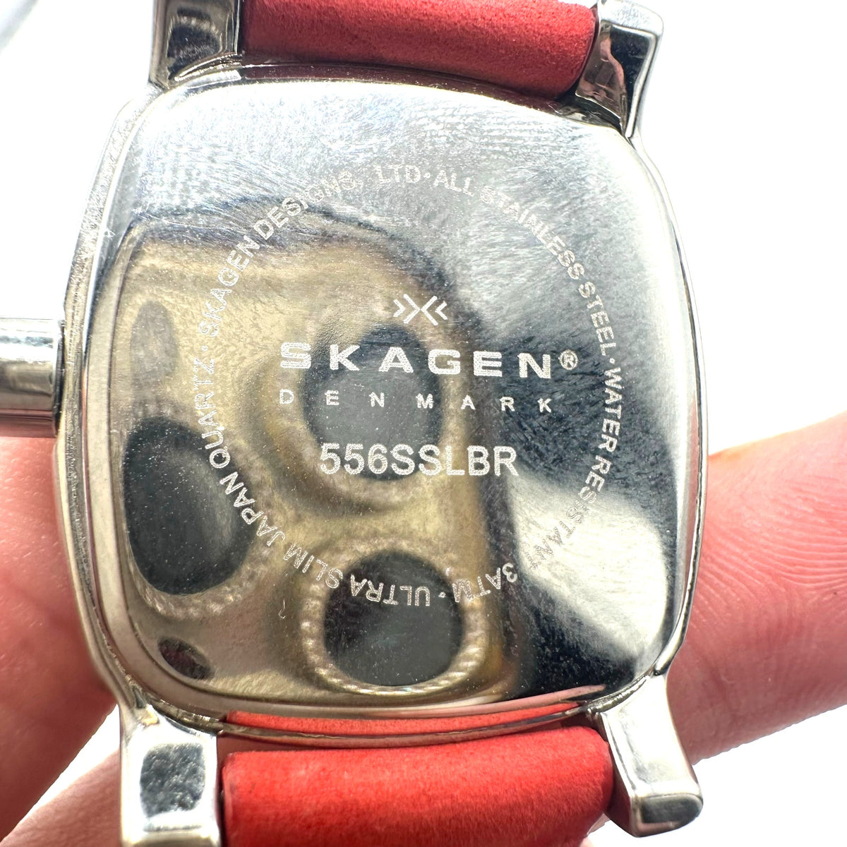 Skagen quartz silver tone mother of pearl rounded square dial red leather watch