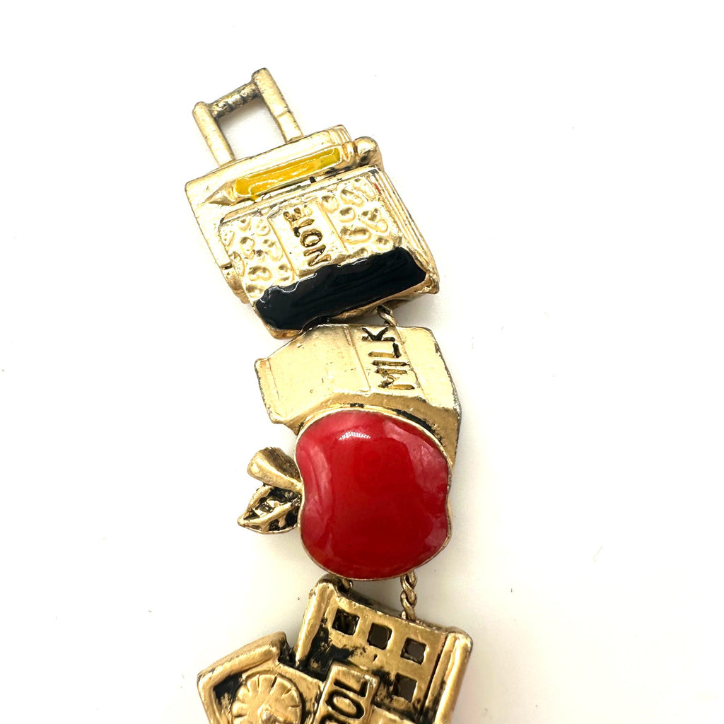 Vintage gold tone school teacher red yellow enamel slider charms bracelet