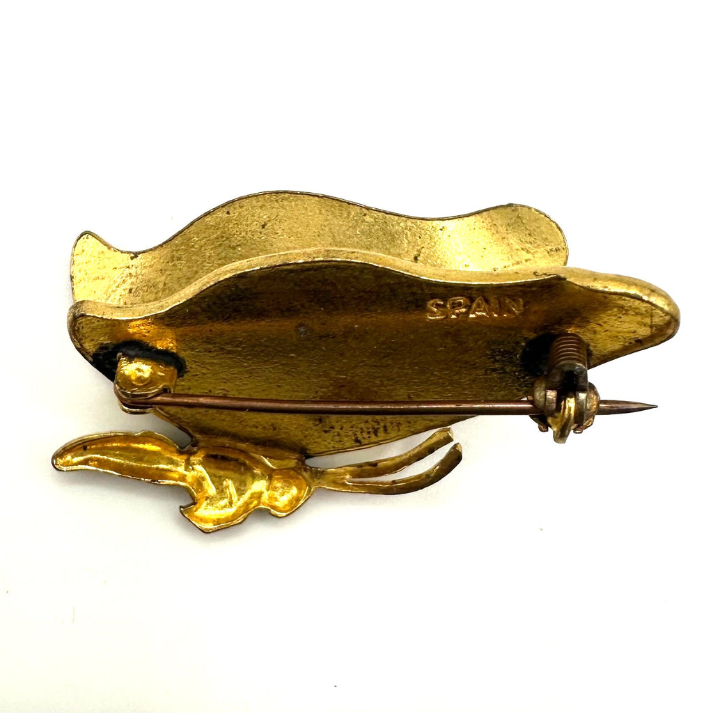 Spain Toledo Damascene gold tone black silver enamel 3D butterfly brooch pin