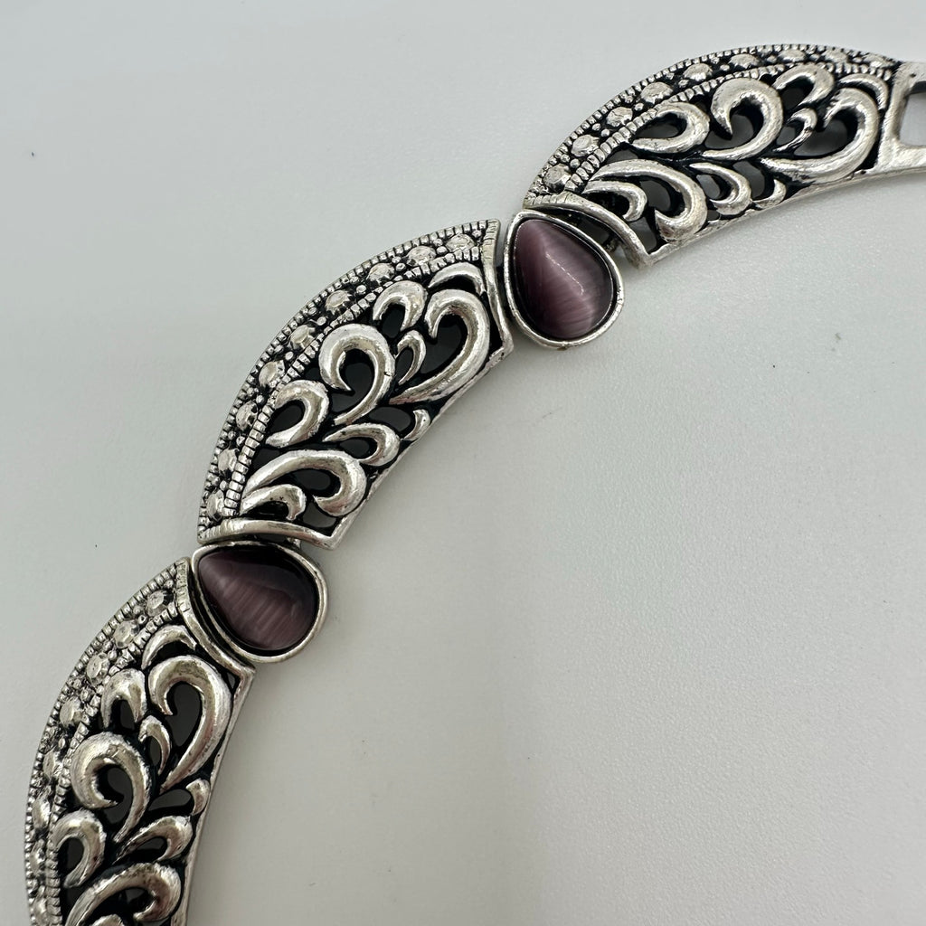 Avon vintage silver tone purple cats eye art glass faux chalcedony necklace