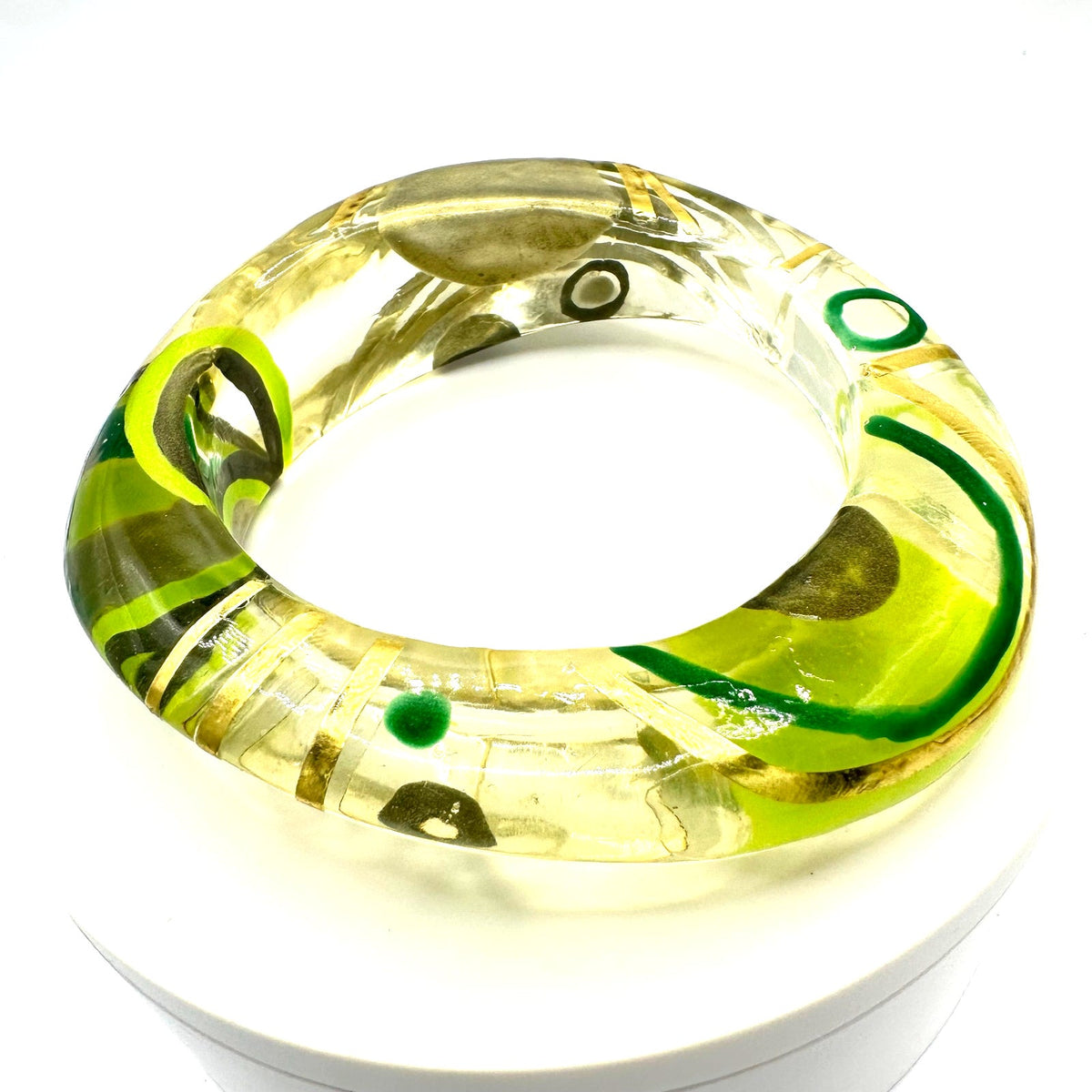 Vintage clear lucite/acrylic hand painted green gold chunky bangle bracelet