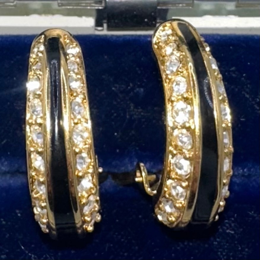 Swarovski Swan vintage gold plated crystals enamel half hoops clip on earrings