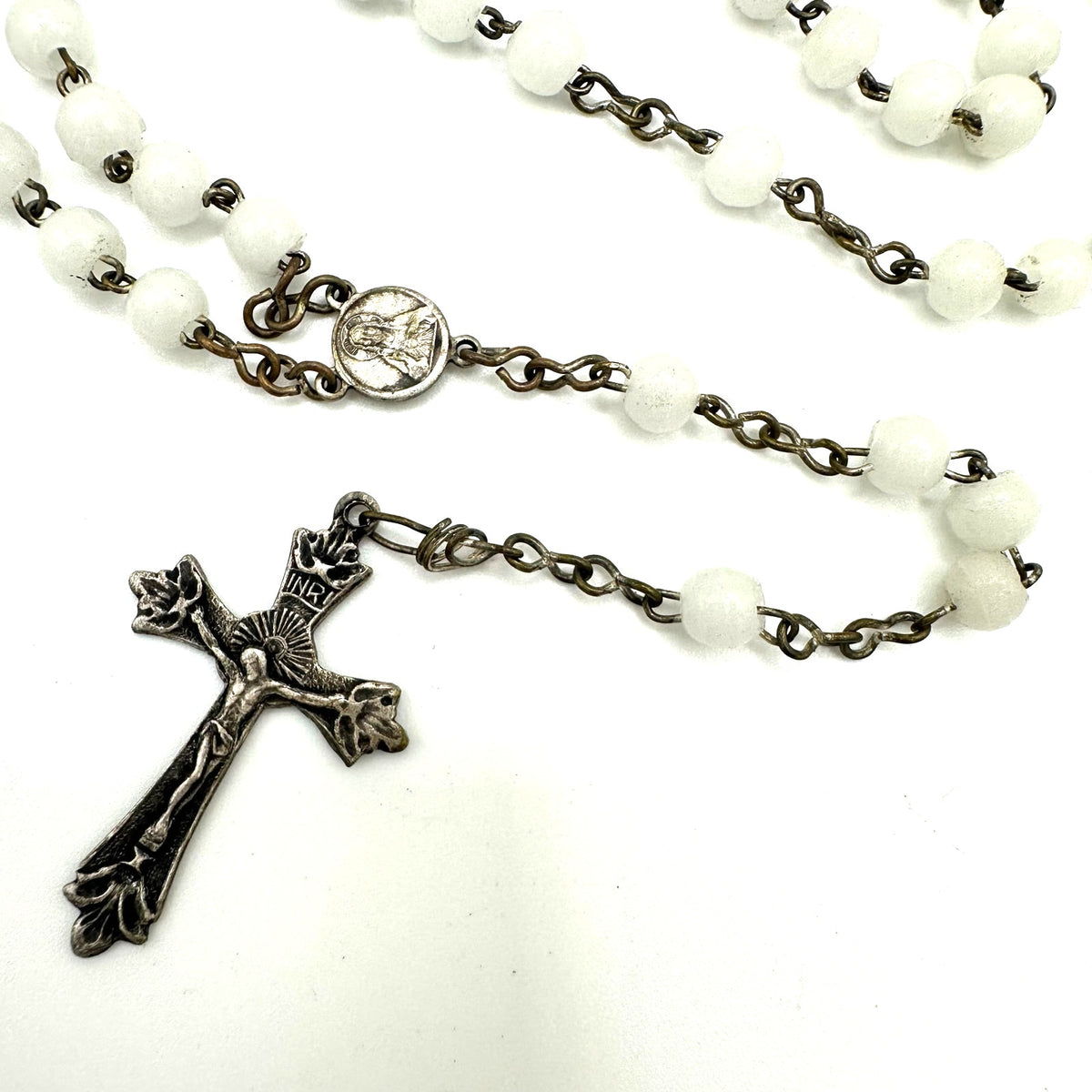 Vintage silver plated white milk glass beads beaded Catholic rosary necklace