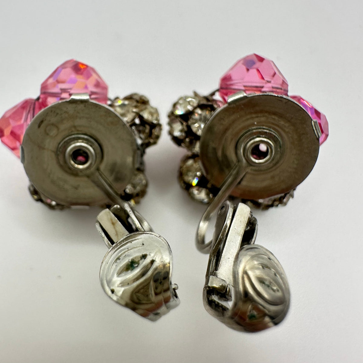 1950s vintage silver tone pink AB glass rhinestones beaded clip on earrings