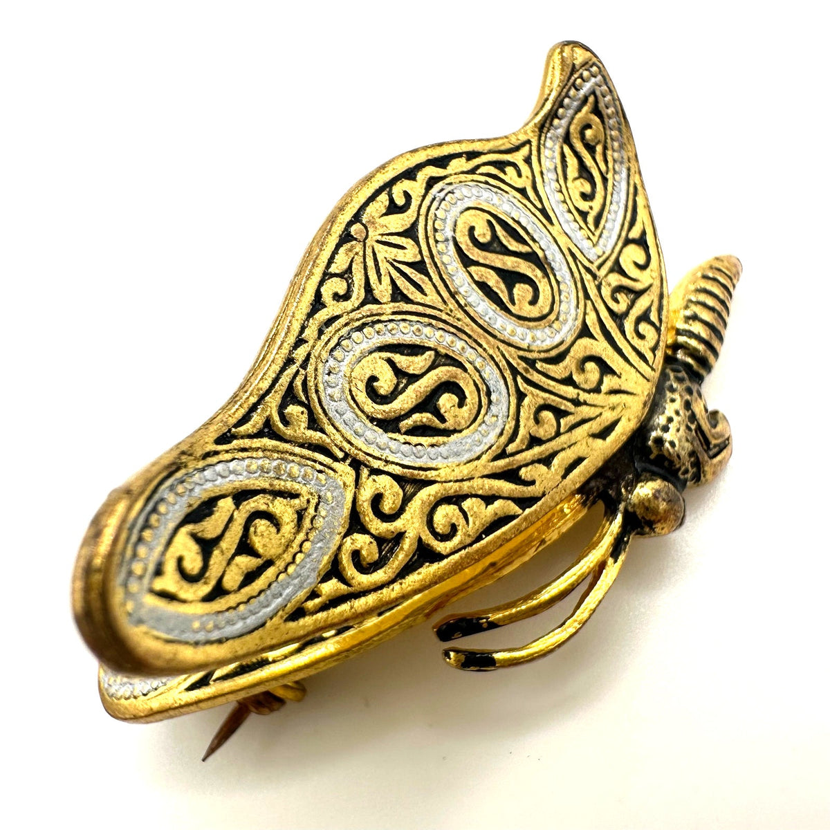 Spain Toledo Damascene gold tone black silver enamel 3D butterfly brooch pin
