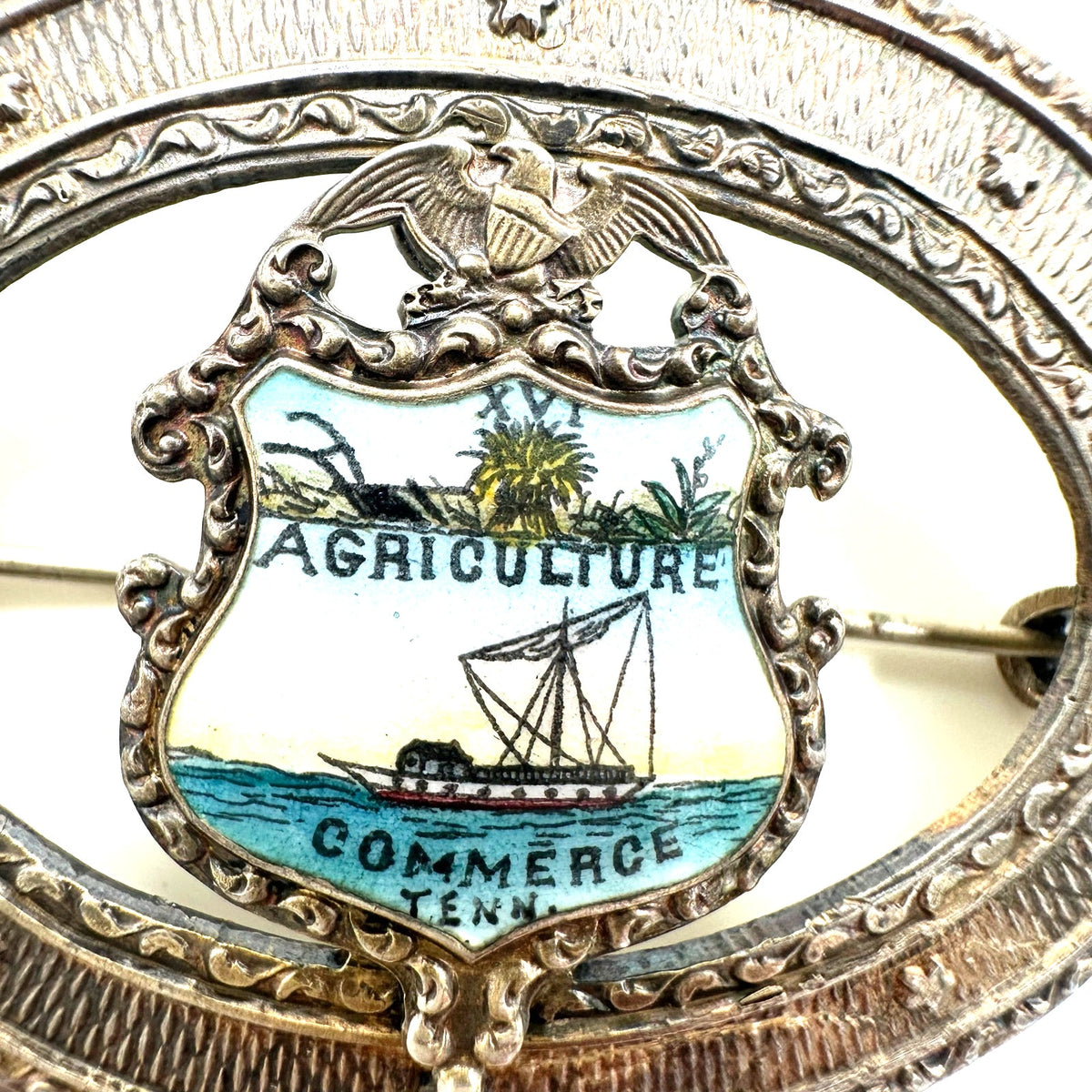 Antique 1900s sterling silver Tennessee Coat of Arms enamel sash pin brooch
