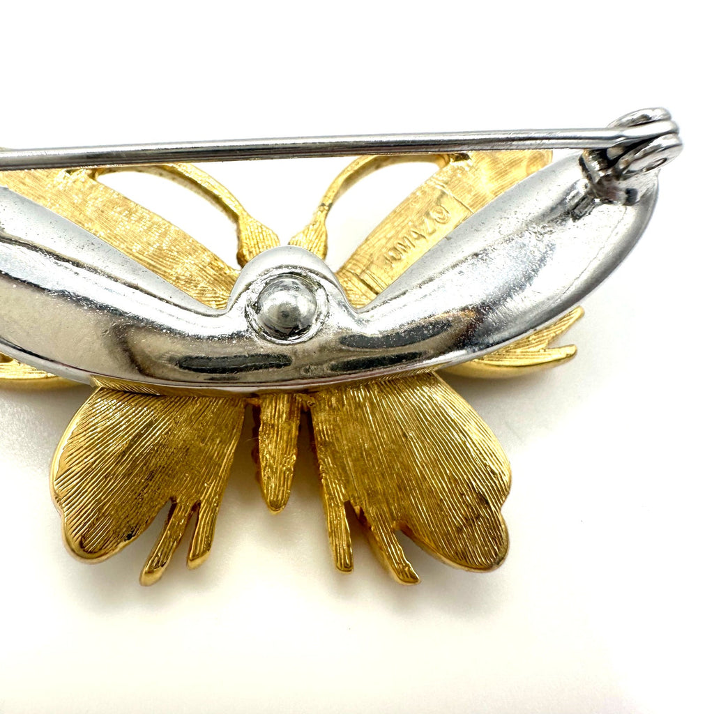 Jomaz vintage gold tone clear rhinestones art glass cabochons butterfly brooch