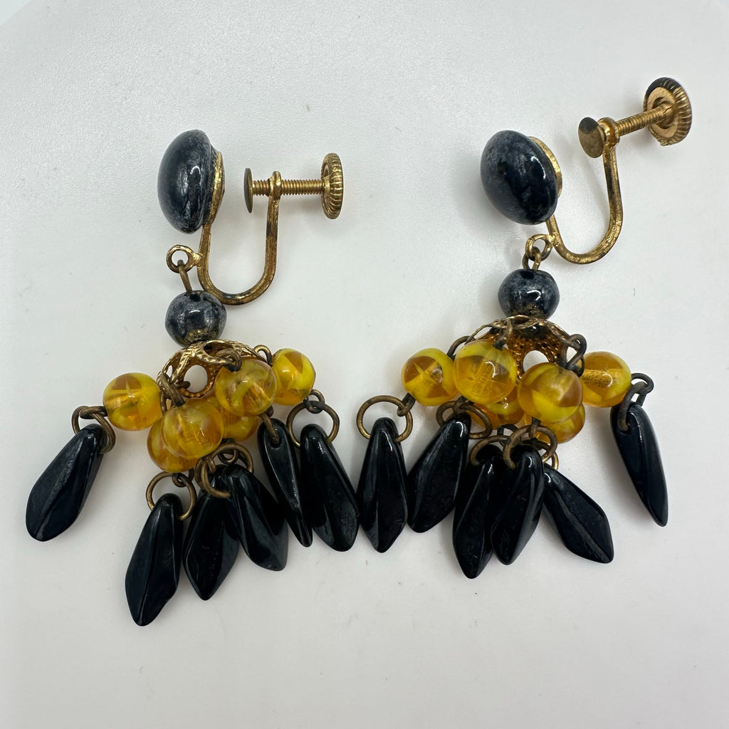 West Germany vintage gold yellow black glass beaded dangle screw back earrings