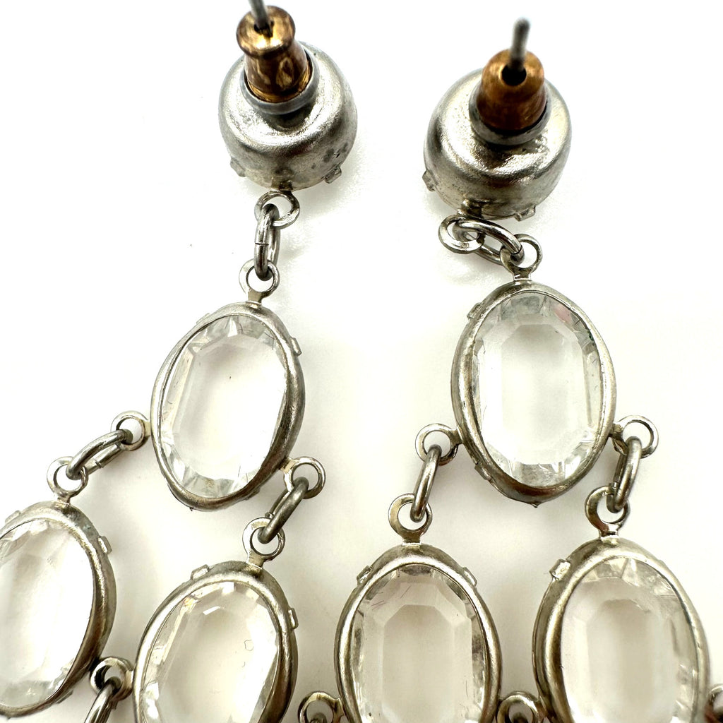 Vintage silver tone clear bezel collet set rhinestones 5" drop post earrings