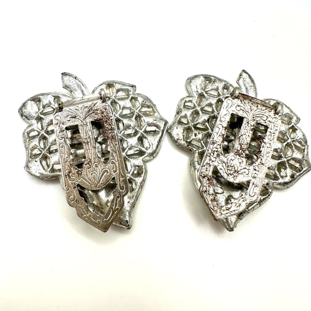 1930s antique Art Deco set 2 silver tone leaf clear rhinestones dress clips
