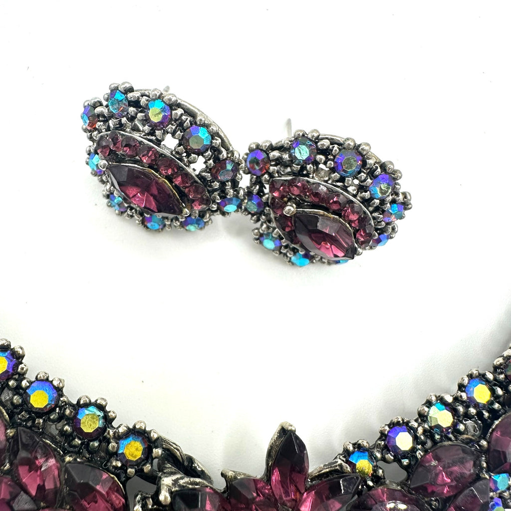 Modern fashion silver tone purple aurora borealis rhinestones necklace earrings