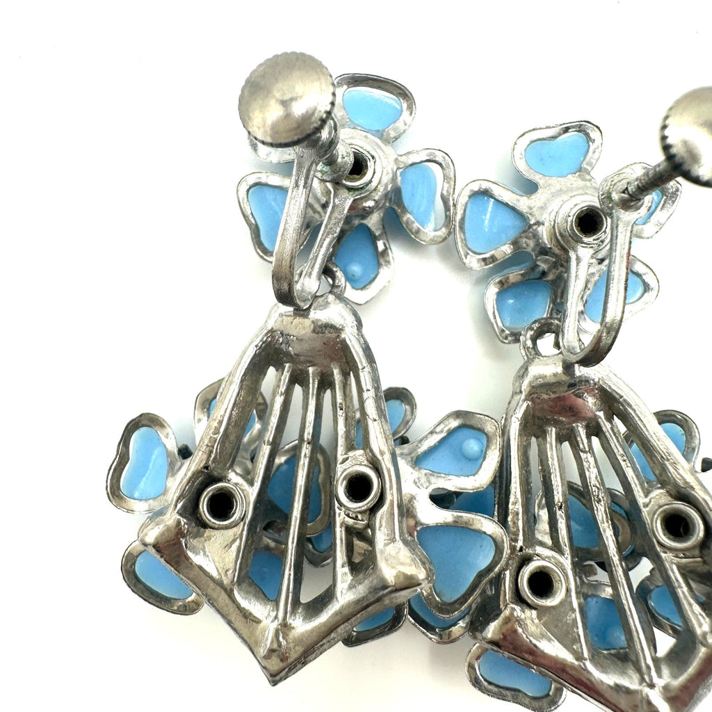 Vintage silver tone blue celluloid flowers rhinestone dangle screw back earrings