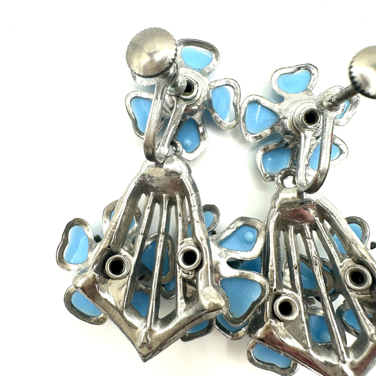 Vintage silver tone blue celluloid flowers rhinestone dangle screw back earrings