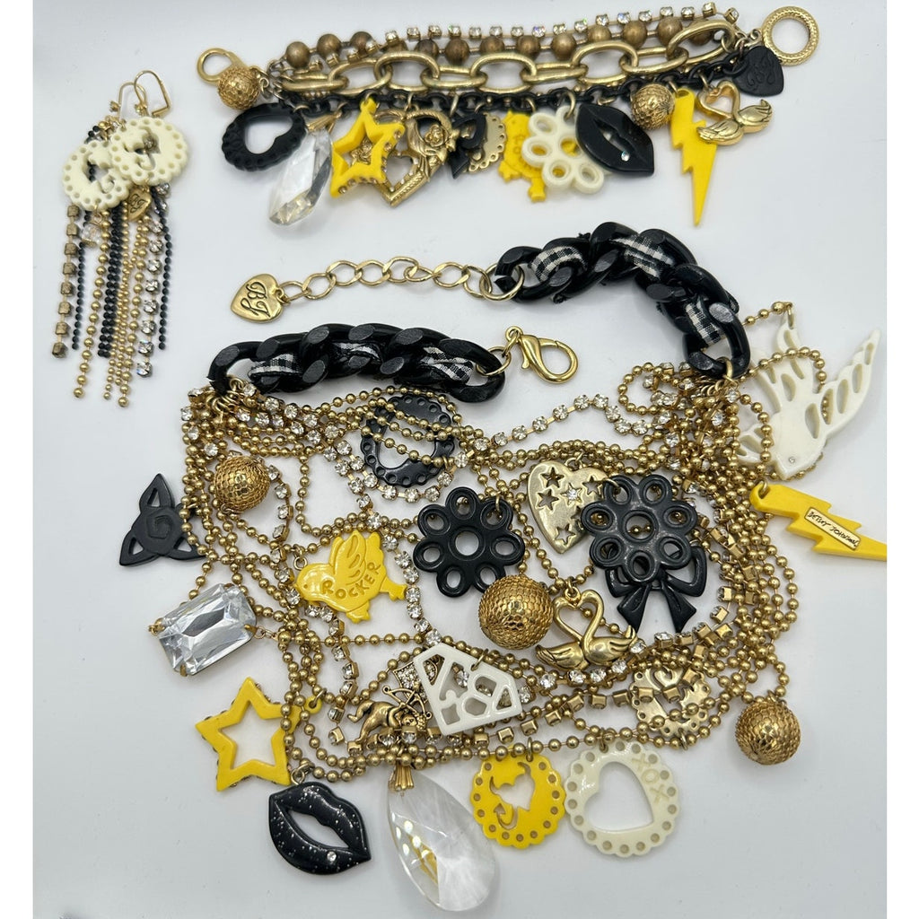 Betsey Johnson Rocker Chic gold tone charms necklace bracelet earrings set