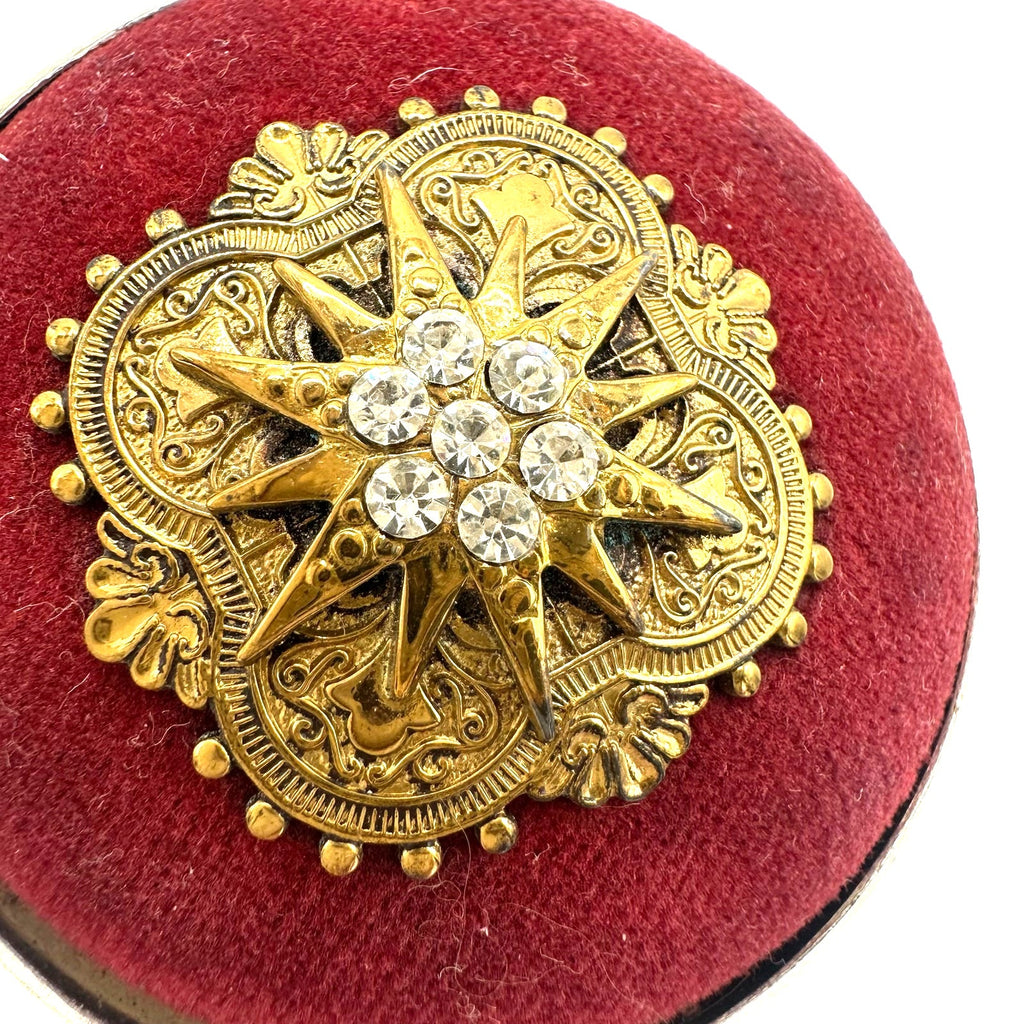 Vintage Victorian Revival gold tone red velvet Heraldic pendant 24" necklace