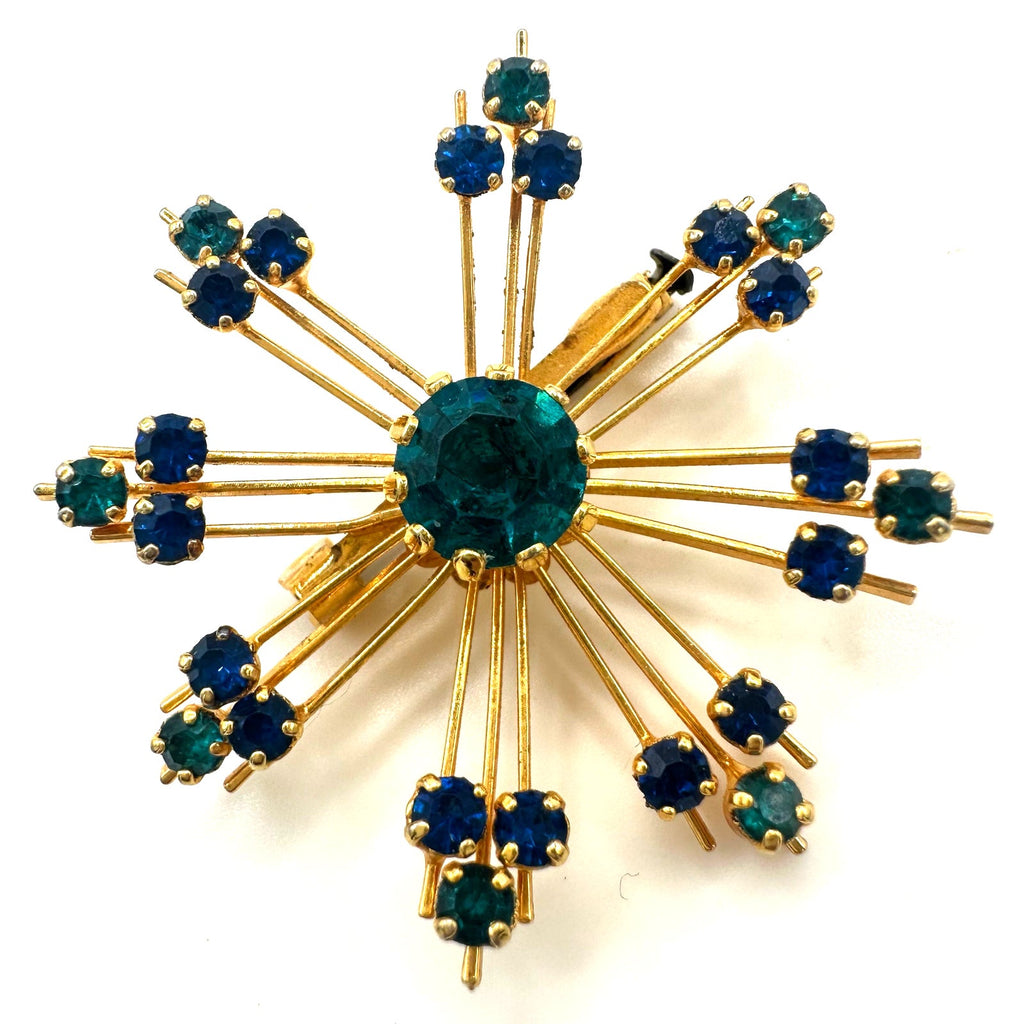 Vintage 1950s gold tone blue teal rhinestones starburst Sputnik brooch